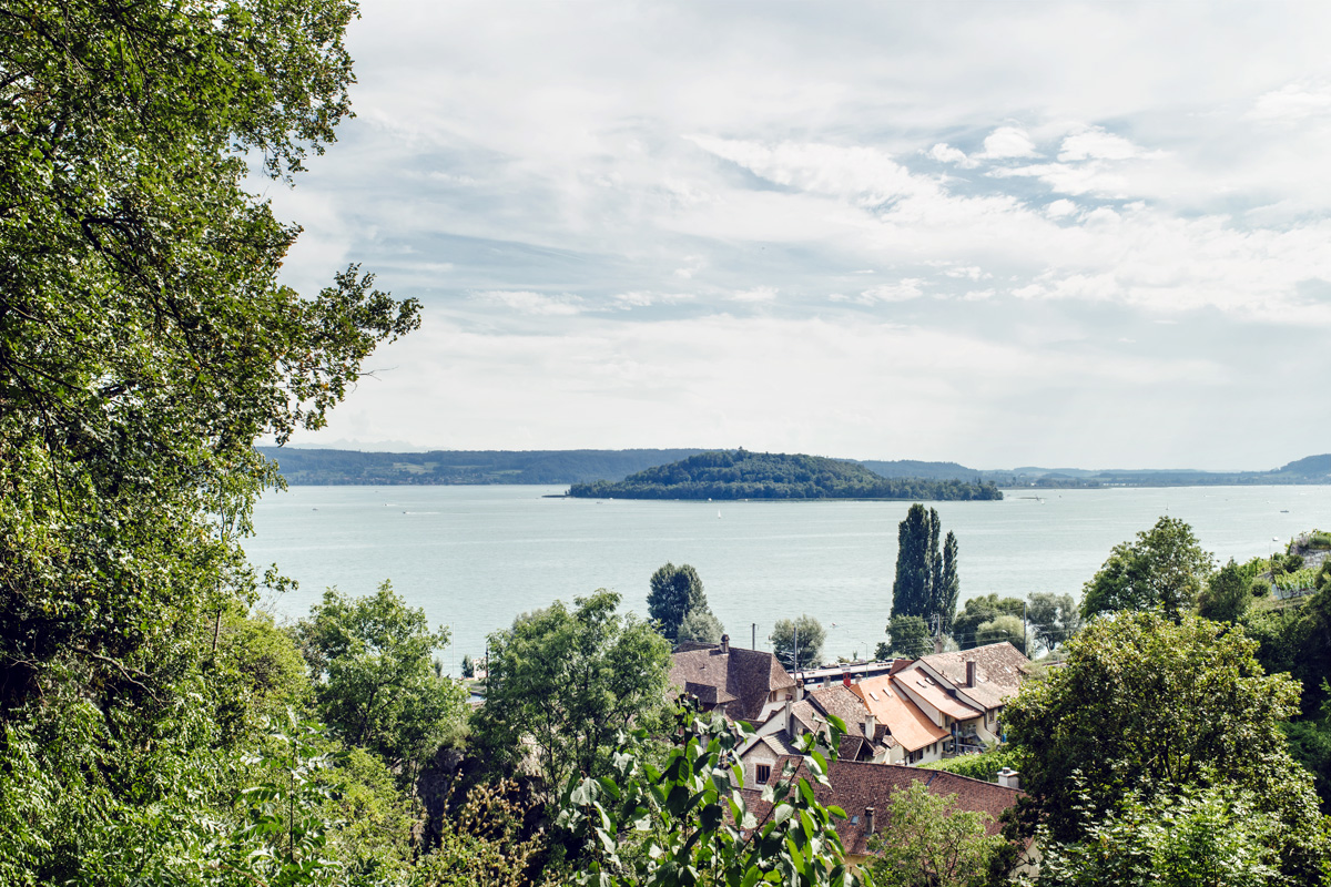 Vue sur le lac de Bienne et l'Île St-Pierre depuis les hauteurs de Twann