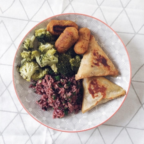 Riz complet de Camargue, brocoli, samosas aux légumes et croquettes aux pois chiches et pignons de pin