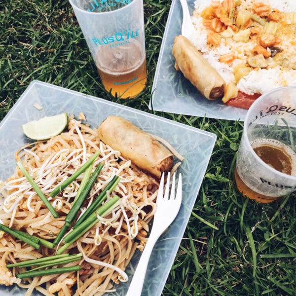 Repas végétalien dans l'herbe au PlusQ'Île Festival, au bord du lac de Bienne