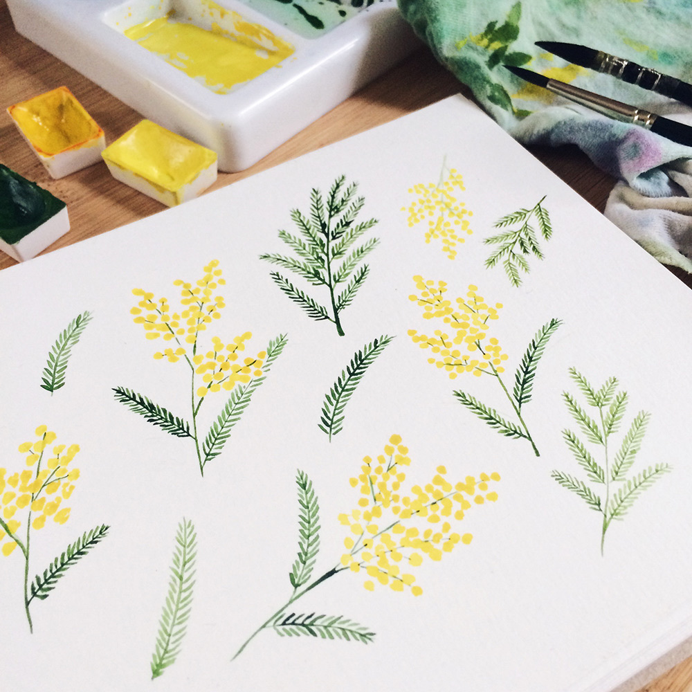Aquarelle d'un motif composé de branches de mimosa