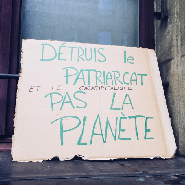 Pancarte de manifestation: "Détruis le patriarcat, pas la planète"