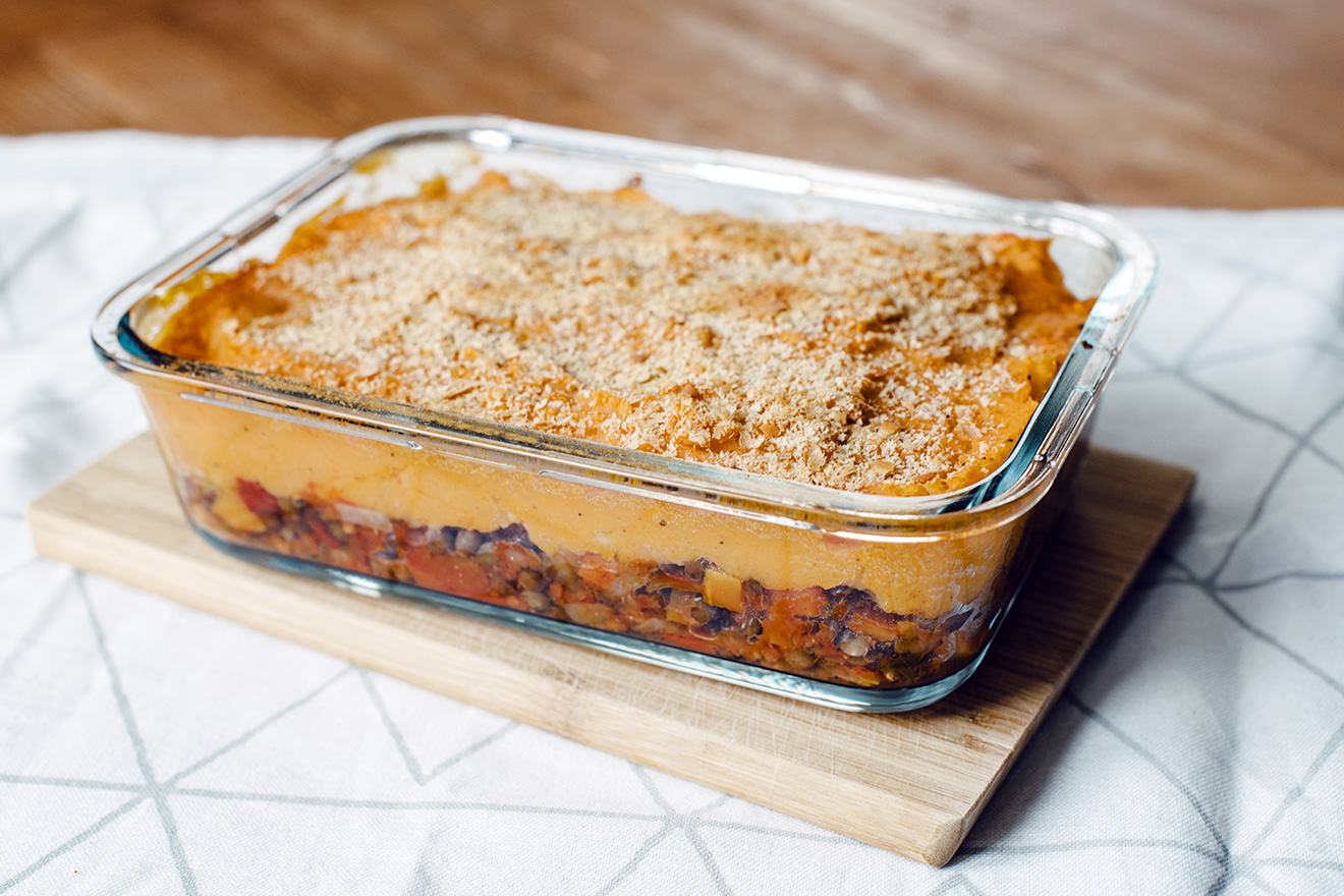 Hachis parmentier végétalien aux lentilles vertes et patates douces