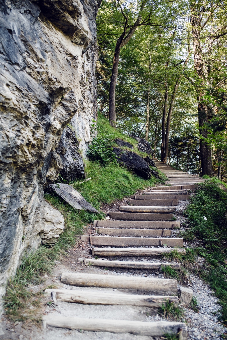 Escalier aménagé dans la falaise qui mène en haut des chutes du Reichenbach