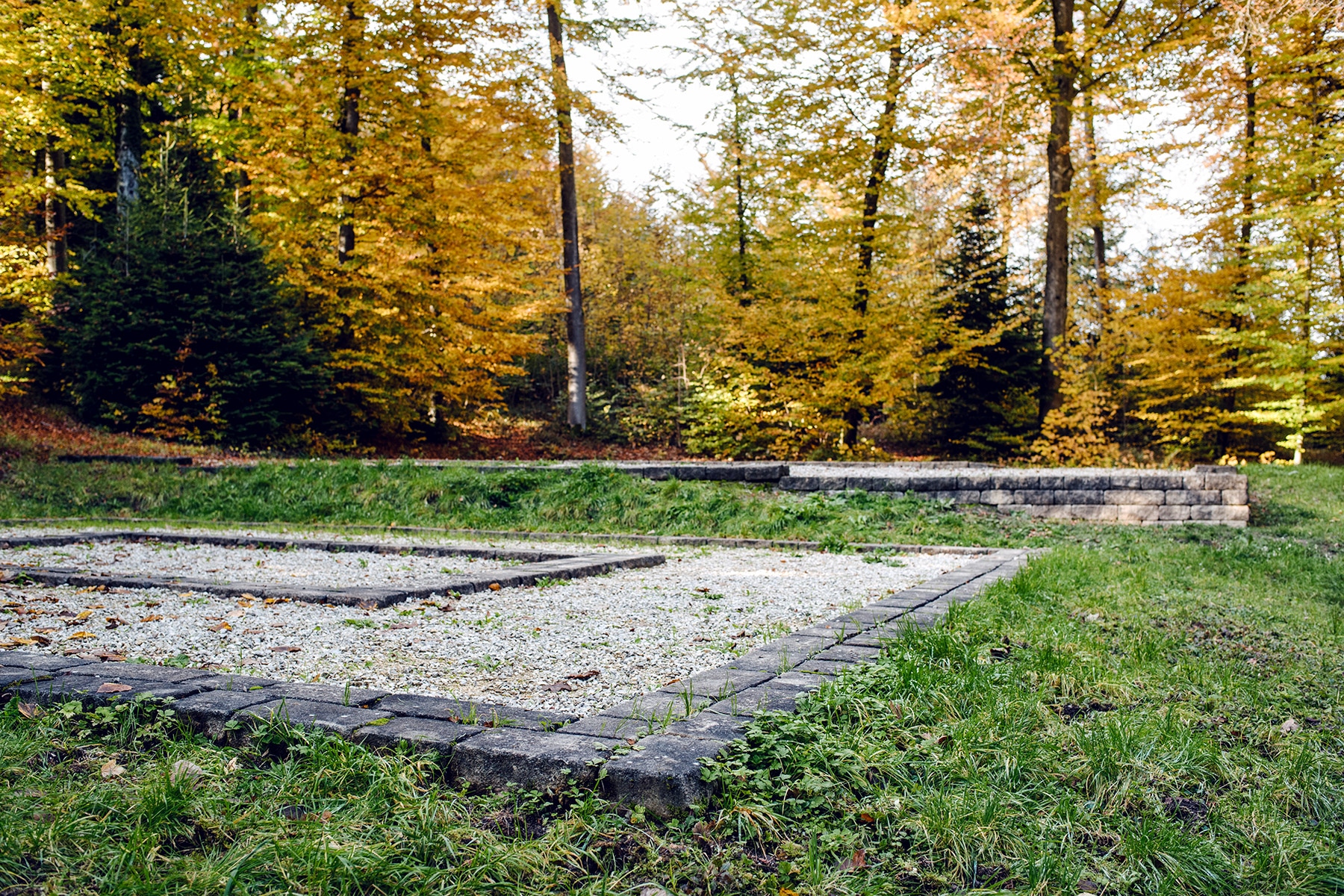 Emplacement de deux bâtiments de l'ancien sanctuaire romain, marqué par des grandes zones de gravier entourées de murets bas en pierres – Promenade automnale dans la forêt de Petinesca