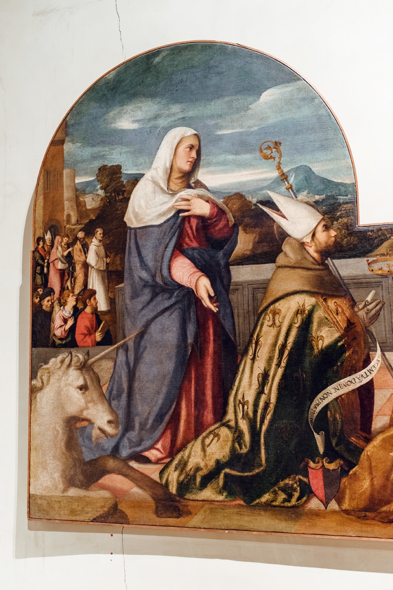 Peinture chrétienne classique, représentant un homme d'église, une femme voilée, et une licorne – Venise, Galeries de l'Académie