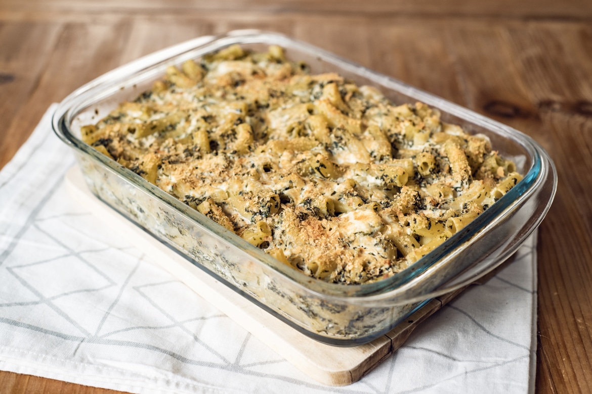 Gratin de pâtes végétaliens, façon épinards-ricotta, au tofu lactofermenté