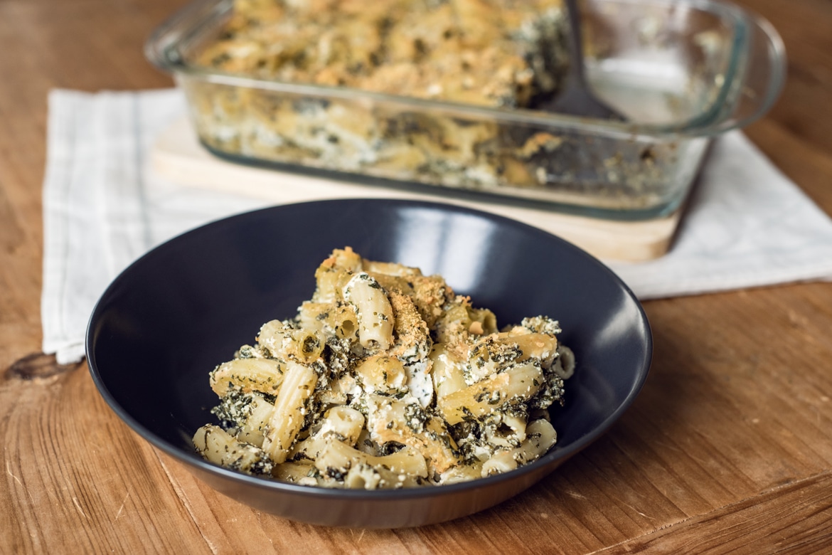 Gratin de pâtes végétaliens, façon épinards-ricotta, au tofu lactofermenté